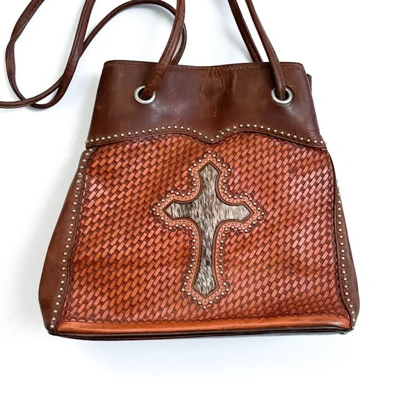 Vintage Western Brown Leather Hobo Bag with Calfskin Cross and Braided Details - Picture 2 of 7